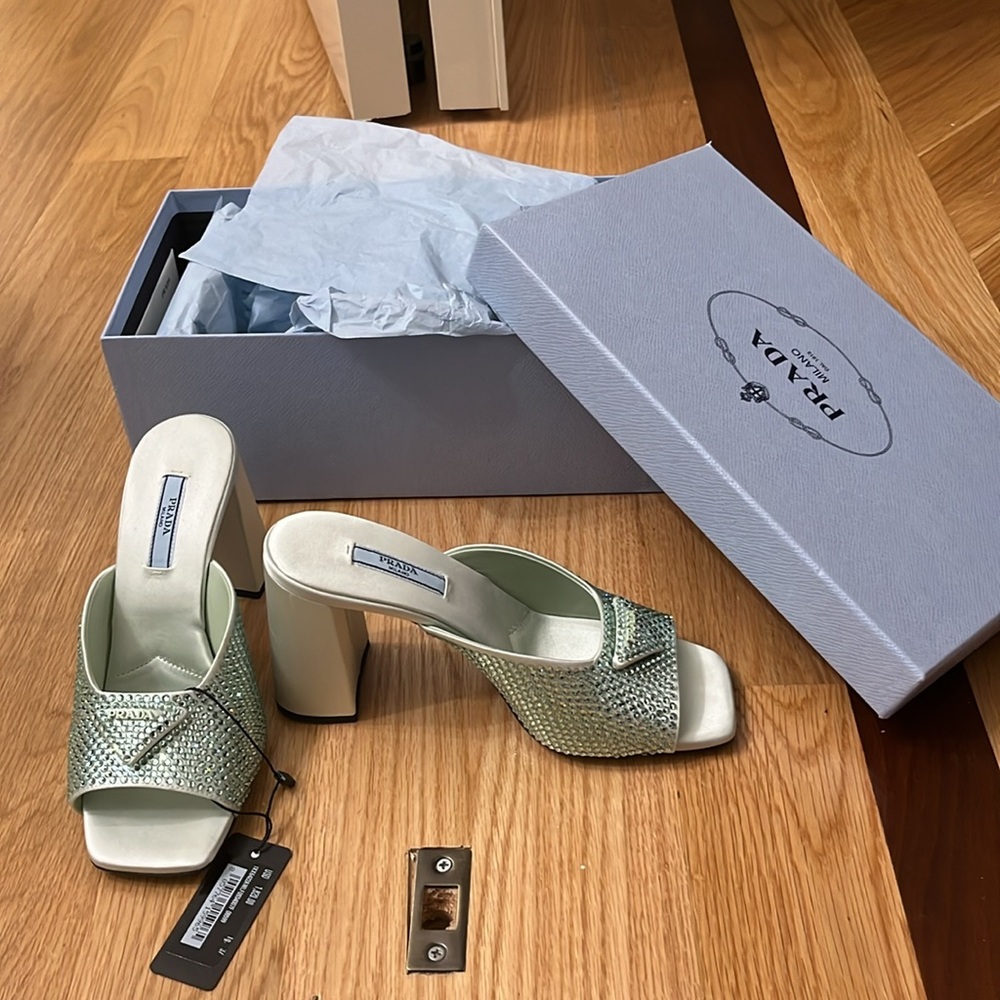 PRADA Sparkly Green Block small heel open toe